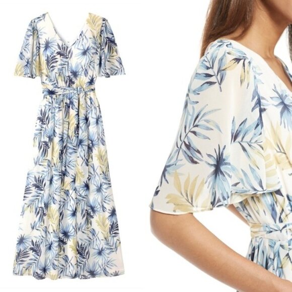 Gal Meets Glam Kiki Palm Leaf Flutter Sleeve Chiffon Dress - Picture 1 of 6